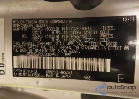 2012 Toyota 4Runner Sr5 z USA, uszkodzony, nr VIN JTEBU5JR0C5082953